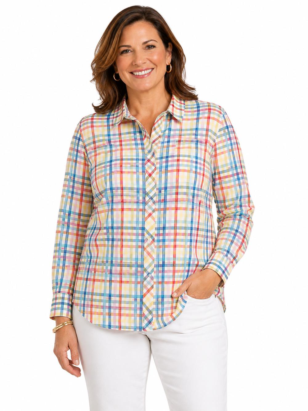 Talbots Womens Plaid Button Up Collared Long Sleeve 100% Cotton Top Shirt sz L